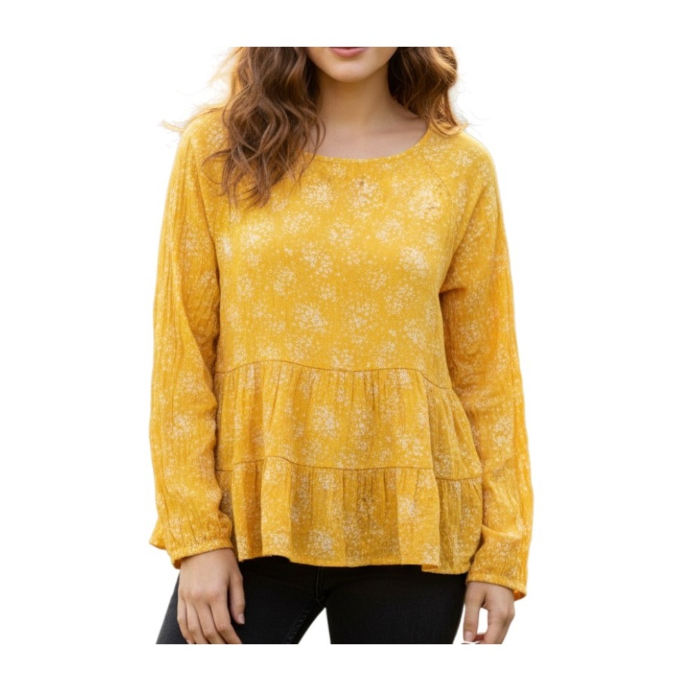 DAYTRIP BUCKLE Flowy CRINKLE Floral Print CUT OUT BACK Mustard TIERED sz L